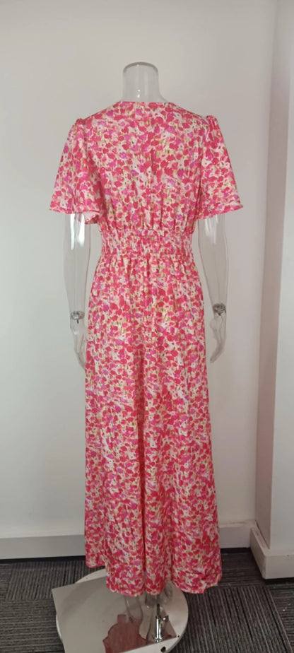 Summer Women Floral Print Casual Long Dress Fashion V Neck Short Sleeve Elegant Office Female Beach Party Maxi Dresses Robe