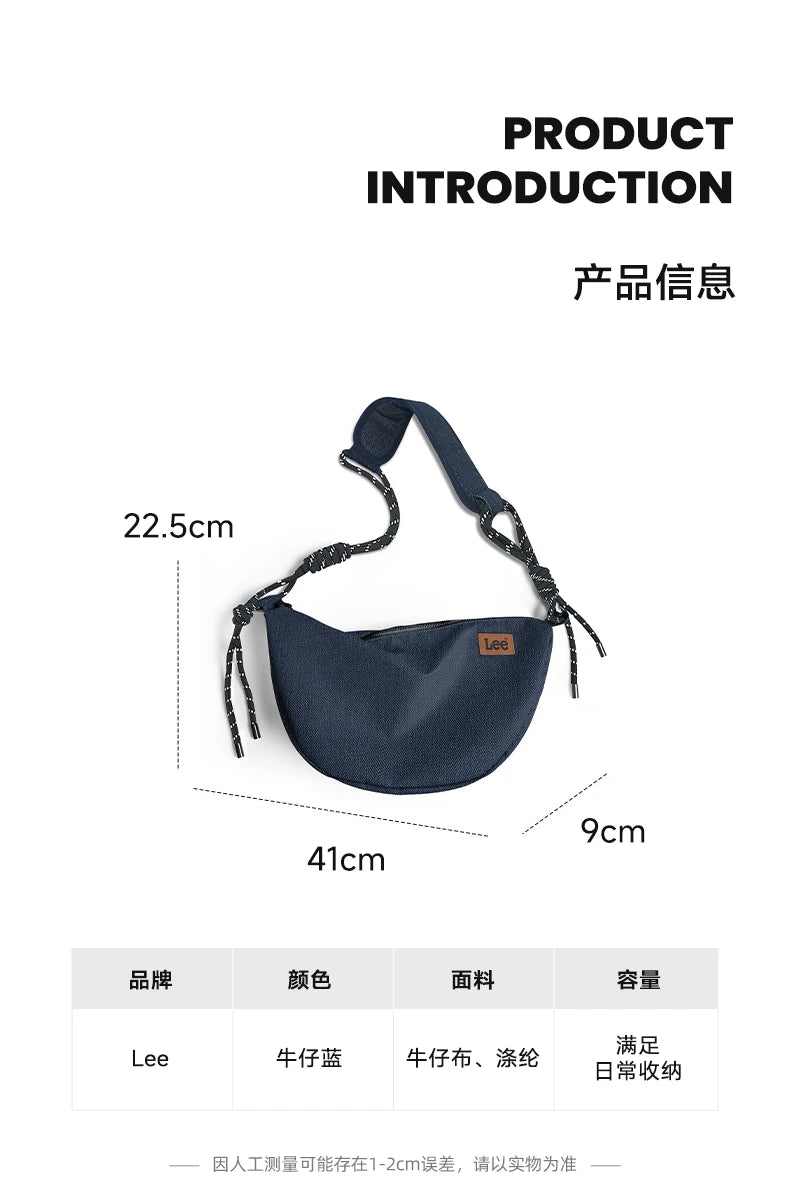 LEE 2025 Teenagers Waterproof Denim Crossbody Shoulder Bag Women Men Stylish Jeans Hobo Dumpling Crescent Bag Student Ipad Pack