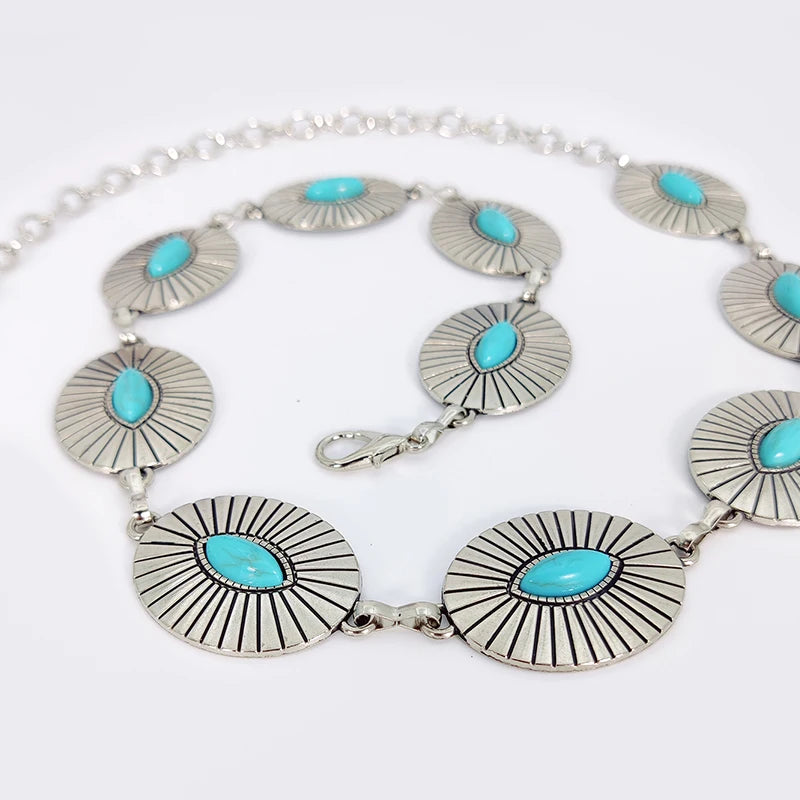 Fashion Silver Bohemian female circular waist chain luxury blue gemstone Ellipse chain belts for women suitable for Skirts dress