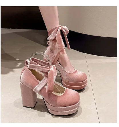 Platform Mary Janes Shoes Women Suede Luxury High Heel Lace Up Trend Lolita Shoes Elegant Chunky Party Pumps Zapatos De Mujer
