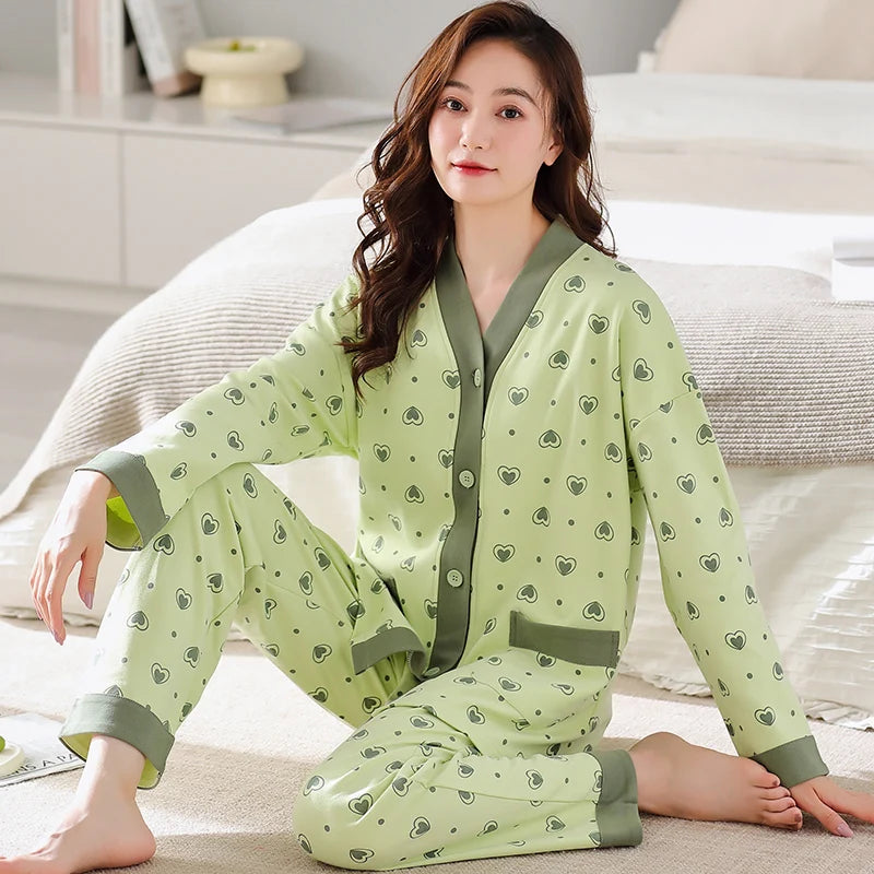 Autumn Women V-Neck Pajamas Sets Fashion Print Cotton Female Pyjamas Two Pieces Shirts + Pants Nighties Big Yards 5XL Sleepwear