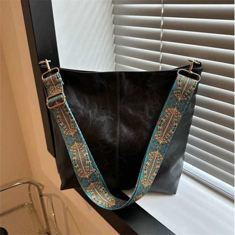 Bohemian Style Women Shoulder Bag, Vintage Wide Strap Crossbody with Intricate Embroidery, Versatile for Casual Commuting Wear