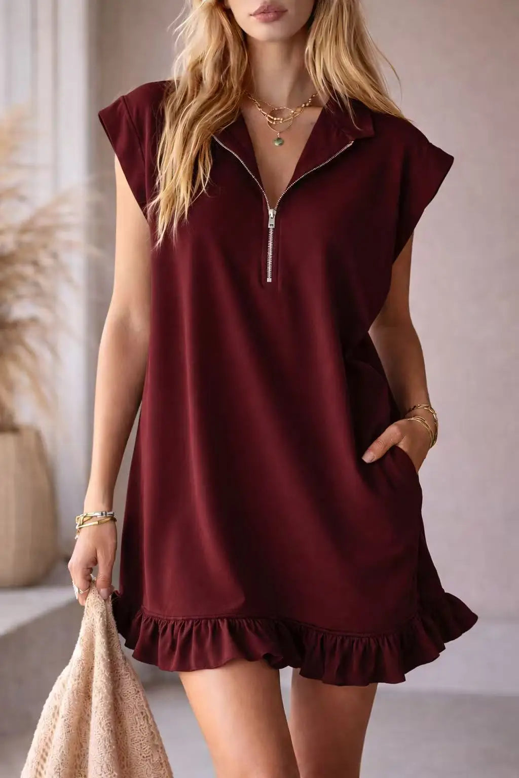 Spring Summer New Sleeveless Pocket Dress Zipper V-neck Ruffled A-line Skirt For Women Fashion Elegant Casual  Holiday Dresses