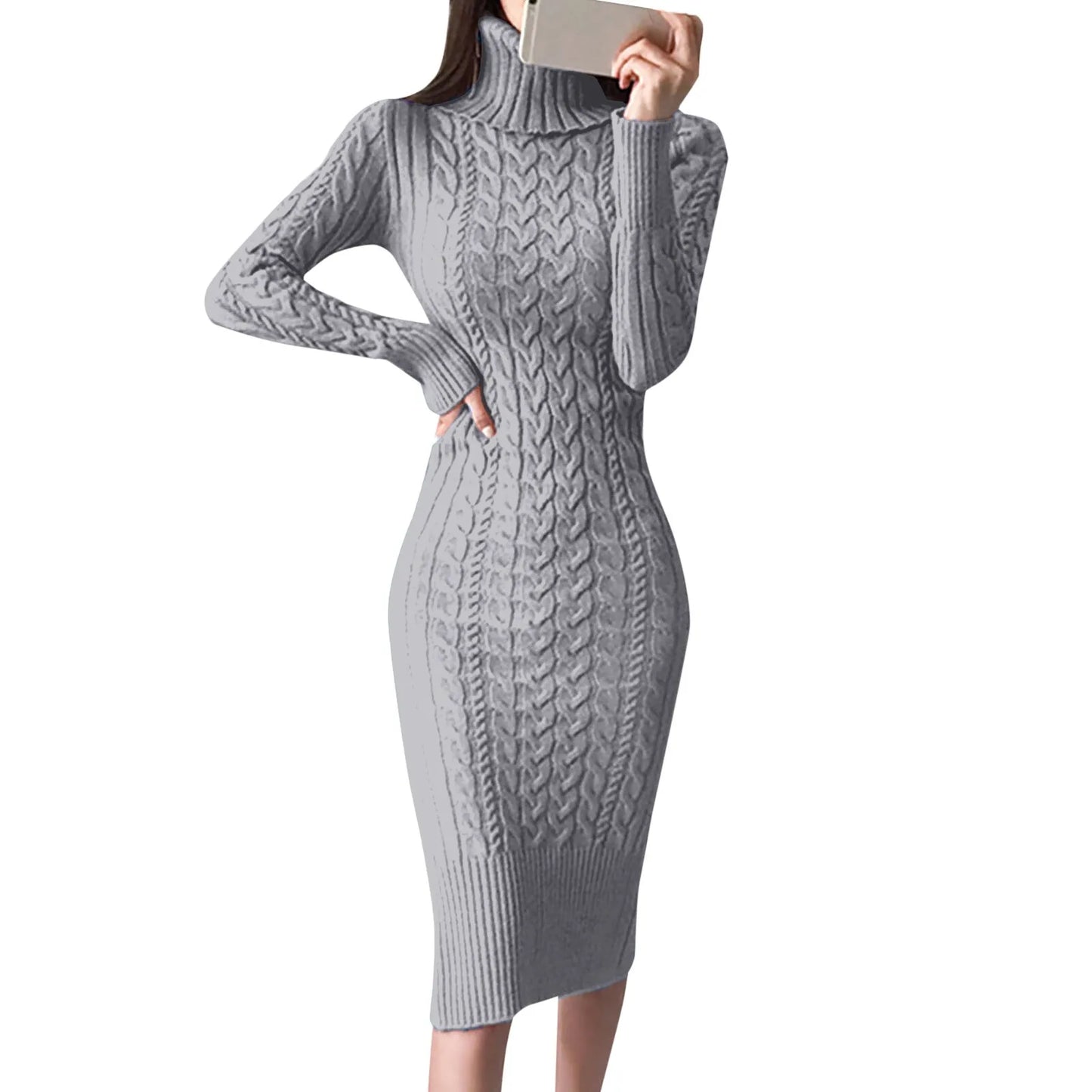 Autumn Winter Women Sweater Dresses Long Sleeve Turtleneck Dress Ladies Solid Color Knitted Bodycon Midi Dress Jumper Dresses