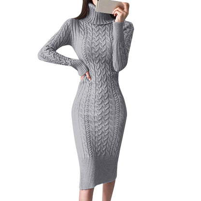 Autumn Winter Women Sweater Dresses Long Sleeve Turtleneck Dress Ladies Solid Color Knitted Bodycon Midi Dress Jumper Dresses