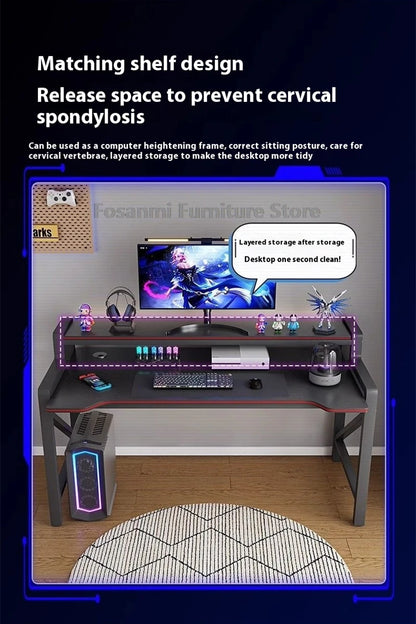 Wide Desktop Office Desk with Storage Shelf Modern Steel Frame Table for Bedroom Study Durable Computer Desks for Gaming Writing