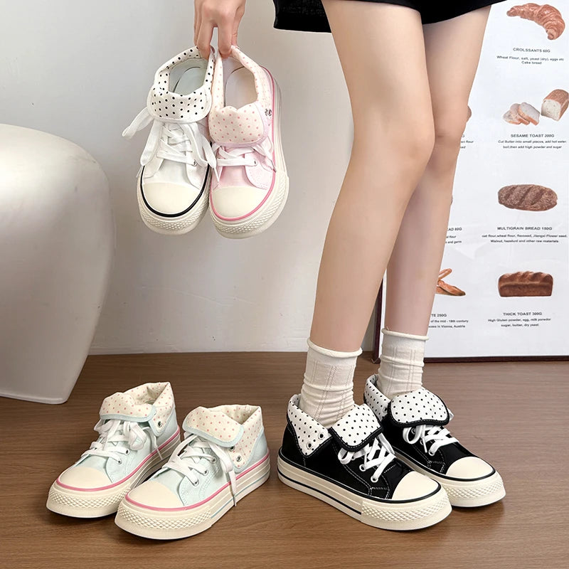 New High Help Canvas Shoes Dots Women's Casual Shoes Woman Vulcanize Sneakers Comfortable Sport Walking Platform Flats Shoes 015