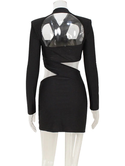 Ahagaga Sexy Club Women's Mini Dresses Solid Hollow Out V-Neck Regular Long Sleeves Sheath Bodycon Slim Fit Streetwear Vestidos