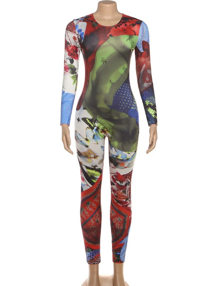 SsTss Elegant Printed Jumpsuit Women 2025 Autumn Fashion O Neck Long Sleeve Slim Stretchy Streetwear Casual One Piece Rompers
