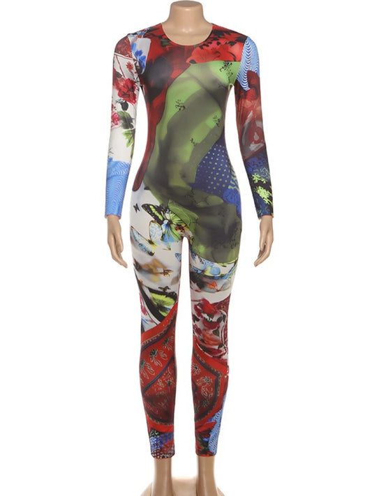 SsTss Elegant Printed Jumpsuit Women 2025 Autumn Fashion O Neck Long Sleeve Slim Stretchy Streetwear Casual One Piece Rompers