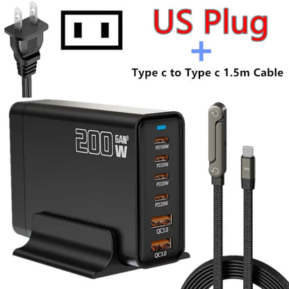 200W Desktop USB C Quick Charger GaN PD Fast Chager 6 port Mobile Charging Adapter For Laptop iPhone 17 16 15 Samsung Xiaomi﻿﻿