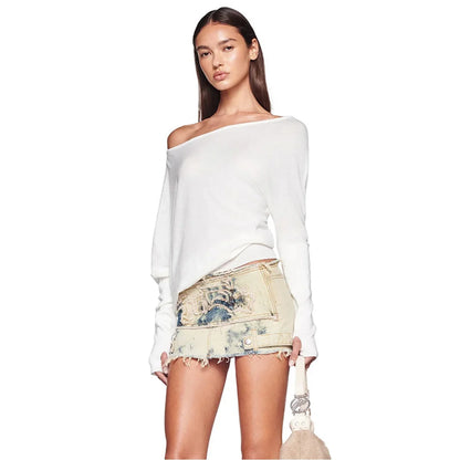 Sexy Elegant Long Sleeves Top Irregular One Shoulder Women Tops T Shirt Birthday Party Club Date Casual Office Clothes