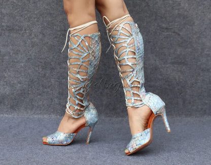 Ladingwu High-end Custom Material Fish Scale Texture Women Dance Shoes Sexy Pole Dance Boots Ladies Wedding Ballroom Shoes