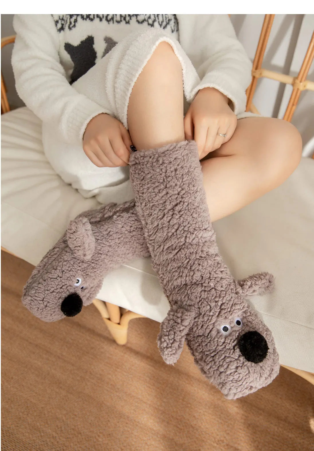 Fuzzy Fluffy Sock Women Cartoon 3D Dog Winter Warm Plush Non slip Home Sleeping Soft Female Floor Thermal Funny Slipper Sock