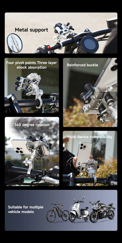 Motorcycle Phone Holder Universal Alloy Shock-Absorbing Motos Bicycle Handlebar Navigation Bracket 360° Rotary Adjustable Stand