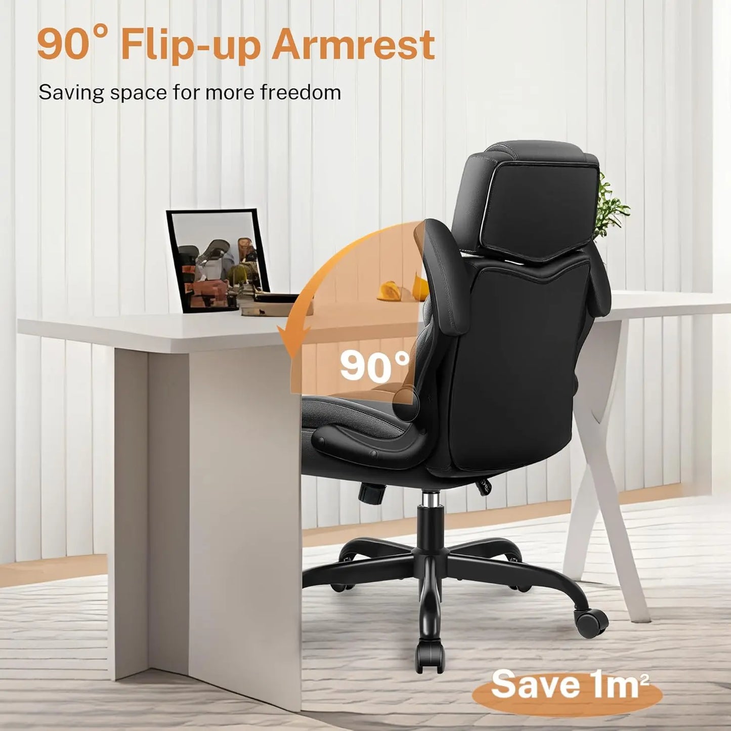 Office Chair Flip Up Arms, Executive Leather Office Chair Ergonomic Desk Chair with Lumbar Support, Adjustable, Customized