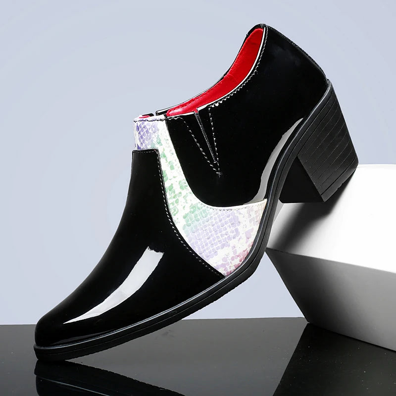 Black Pu Leather Business Dress High Heel Men's Shoes Pointed Toe Slip-on Elegant Party Wedding Shoes Thick Bottom Plus Size