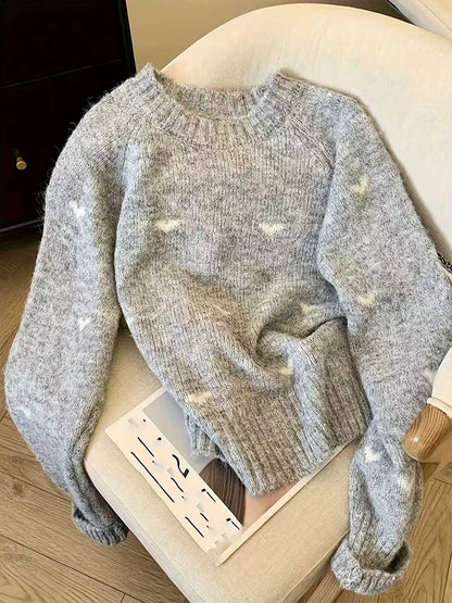 New Autumn Winter Comfortable Heart Pattern Sweater Long Sleeve Pullover Round Neck Top Sweater Warm Versatile Women's Clothing