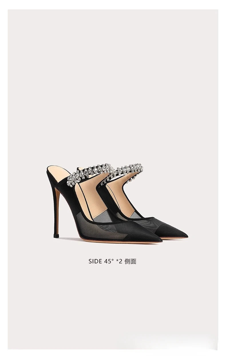 2024 New One Word Water Diamond Women's Summer Baotou Mesh Fine Heels Pointed High Heels Black Slippers