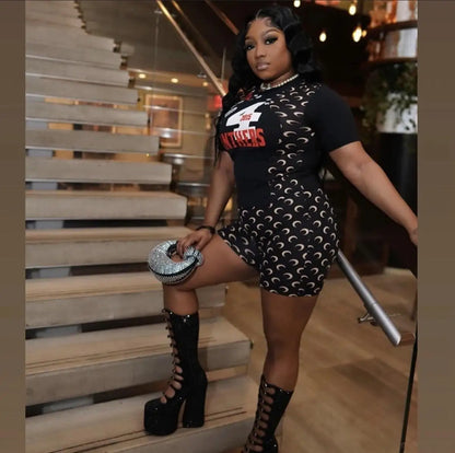 Women 2 Piece Set Short Sleeve T Shirt Shorts Suits Letter Moon Printed Sporty Slim Fit Elastic Autumn Casual Tracksuits
