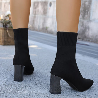 Women Fashion Ankle Boots Autumn Pointy Solid Color Stretch Knitted Sock Boots Women Chunky Slip on Plus-size Shoes for Women