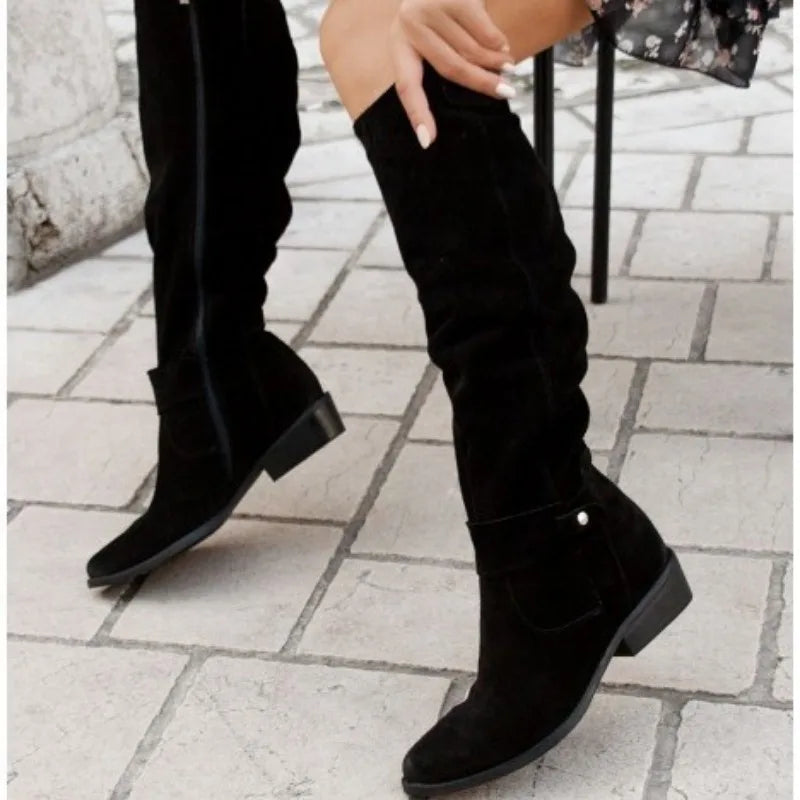 long women's boots Low Heel Side Zip Size 43 Suede Thigh High Women's Boots Retro Woman Booties Autumn Winter Knee High Boots