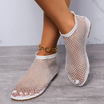2025 Summer Women's New Round Toe Flat Bottom Sandals Hollow Short Boots Water Diamond Sexy Flat Bottom Fashion Banquet Slippers