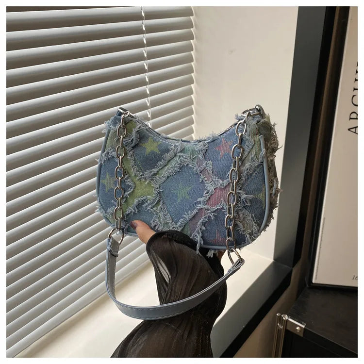 Women's Tote Bag with Star Pattern Blue Distressed Design, Golden-Tone Hardware, Stylish Handbag Shoulder Bag for Everyday Use