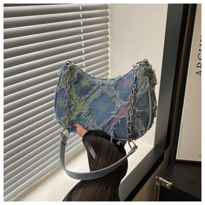 Women's Tote Bag with Star Pattern Blue Distressed Design, Golden-Tone Hardware, Stylish Handbag Shoulder Bag for Everyday Use