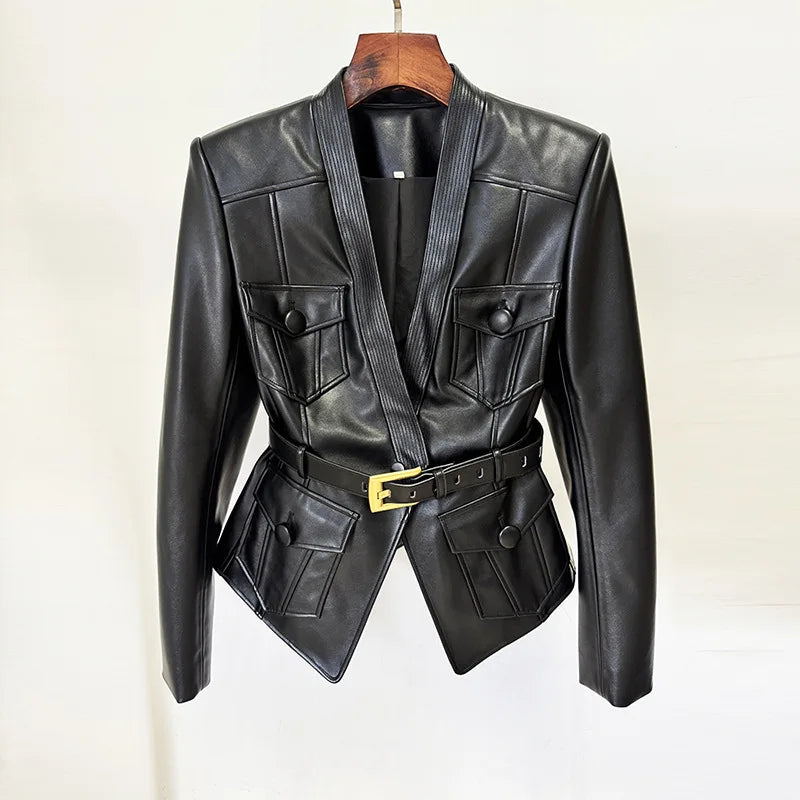 2025 new luxury and fashionable women's clothing belt slim fit leather jacket with multiple pockets motorcycle jacket jacket