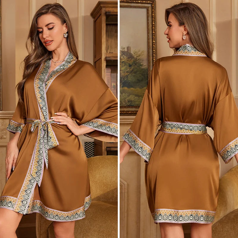 Navy Blue Print Flower Robe Nightgown Silk Satin Female Sleepwear Nightdress Spring Summer Loose Kimono Bathrobe Gown Home Wear