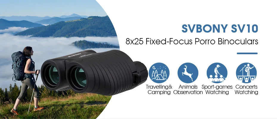 SVBONY 8x25 SV10 Binoculars Compact Fixed Focus Mini Portable Telescope Multi-coated Porro Prism for Outdoor Spoorts Games F9323
