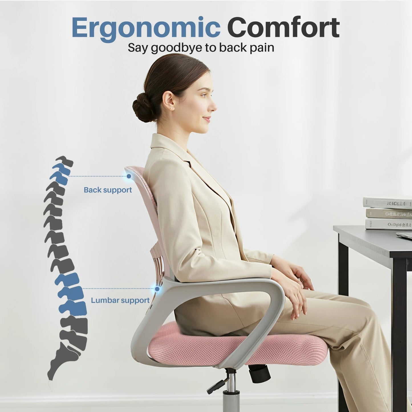 MCQ Fixed Armrest Office Desk Chair Ergonomic Mid Back with Lumbar Support Height Adjustable 360° Swivel Computer Gaming Chair