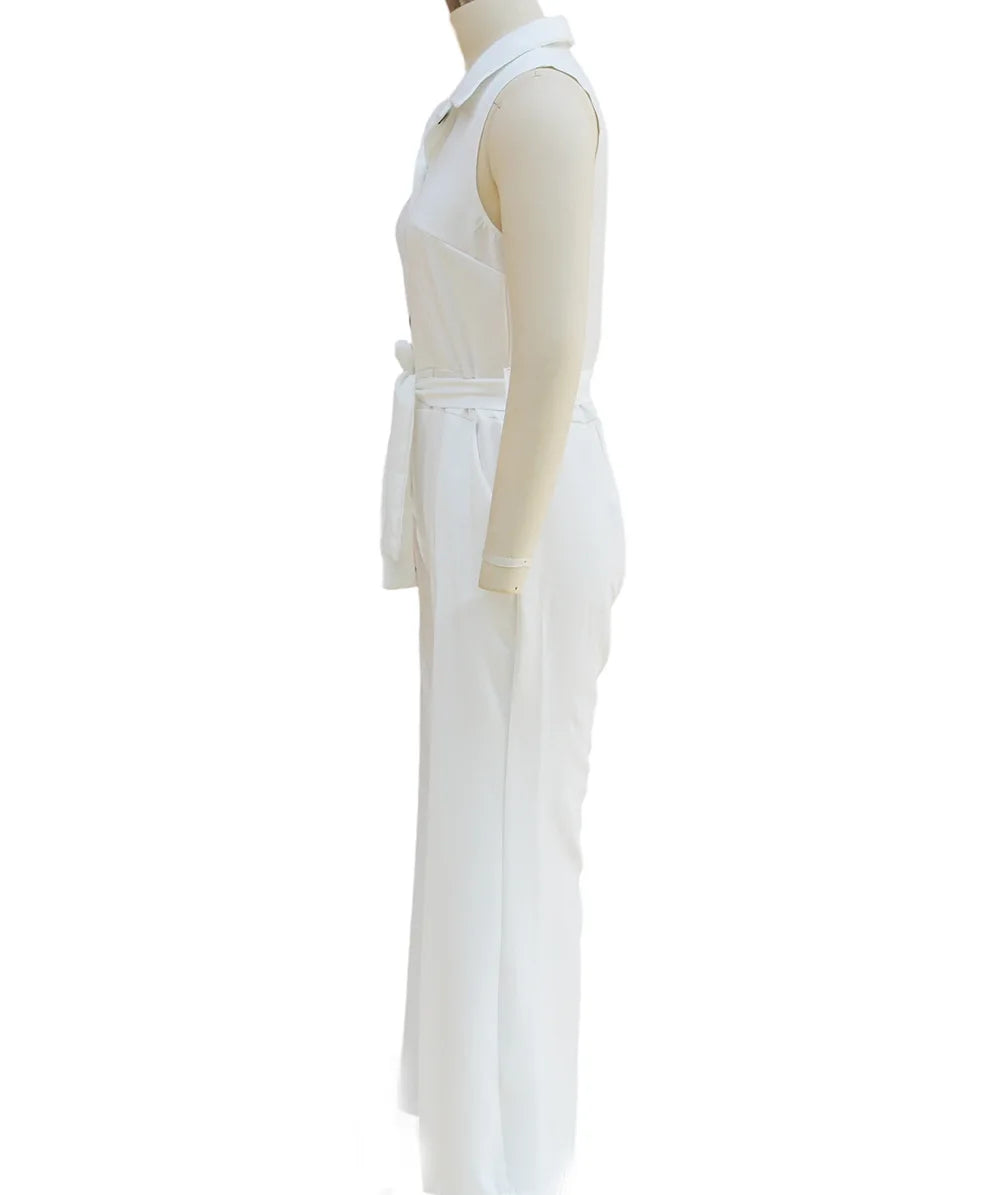 Sleeveless Lapel Jumpsuit Women's Fashion Button Down Shirt Collar Solid Color Wide Leg Commuting Office With Pocket Jumpsuit