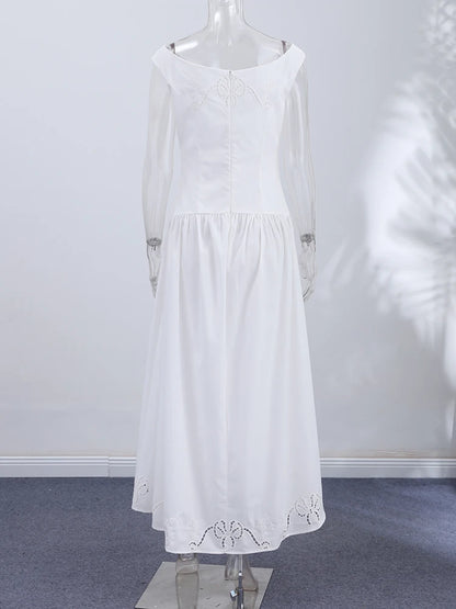 Minimalist White Boat Neck Midi Dress Women Elegant Cap Sleeve A-line Flare Eyelet Embroidery Vestido Wedding  Formal Party Gown
