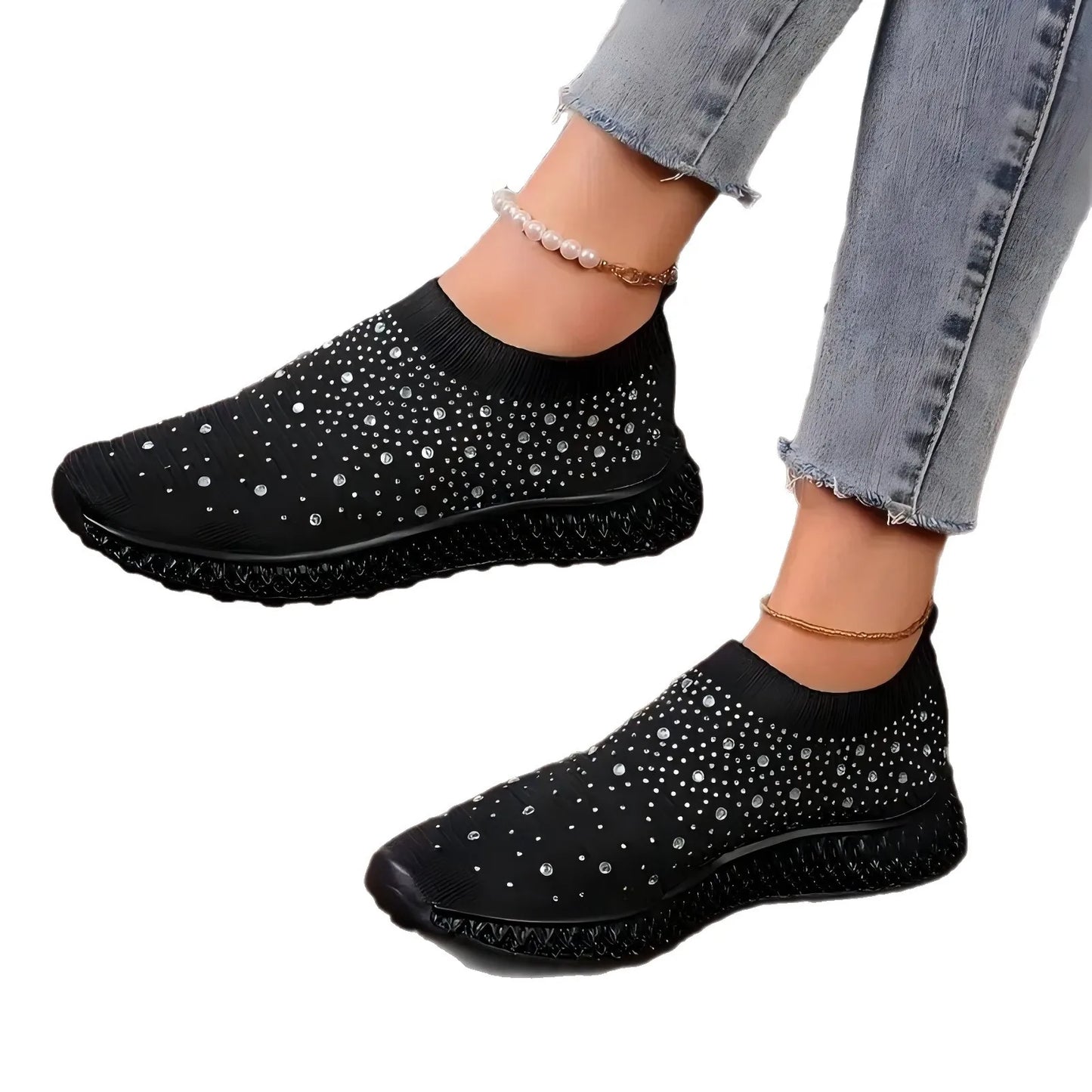Shiny Crystal Black Women Sneakers Breathable Knitted Non Slip Casual Walking Shoes Woman Comfortable Soft Bottom Loafers Flats