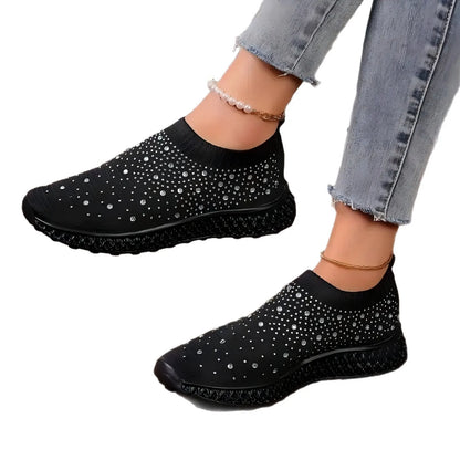 Shiny Crystal Black Women Sneakers Breathable Knitted Non Slip Casual Walking Shoes Woman Comfortable Soft Bottom Loafers Flats