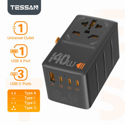 TESSAN International Plug Adaptor GaN Travel Adapter with Universal Outlet 1 USB A 3 Type C Fast Charger for EU/UK/USA/AUS