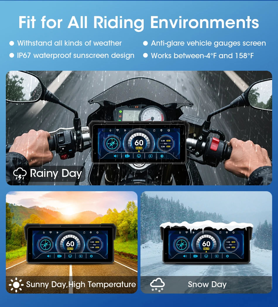 5/8.1 inch Motorcycle Carplay GPS Navigation Wireless Carplay Android Auto IPX7 Waterproof Support 4K+1080P Dual Lens DVR