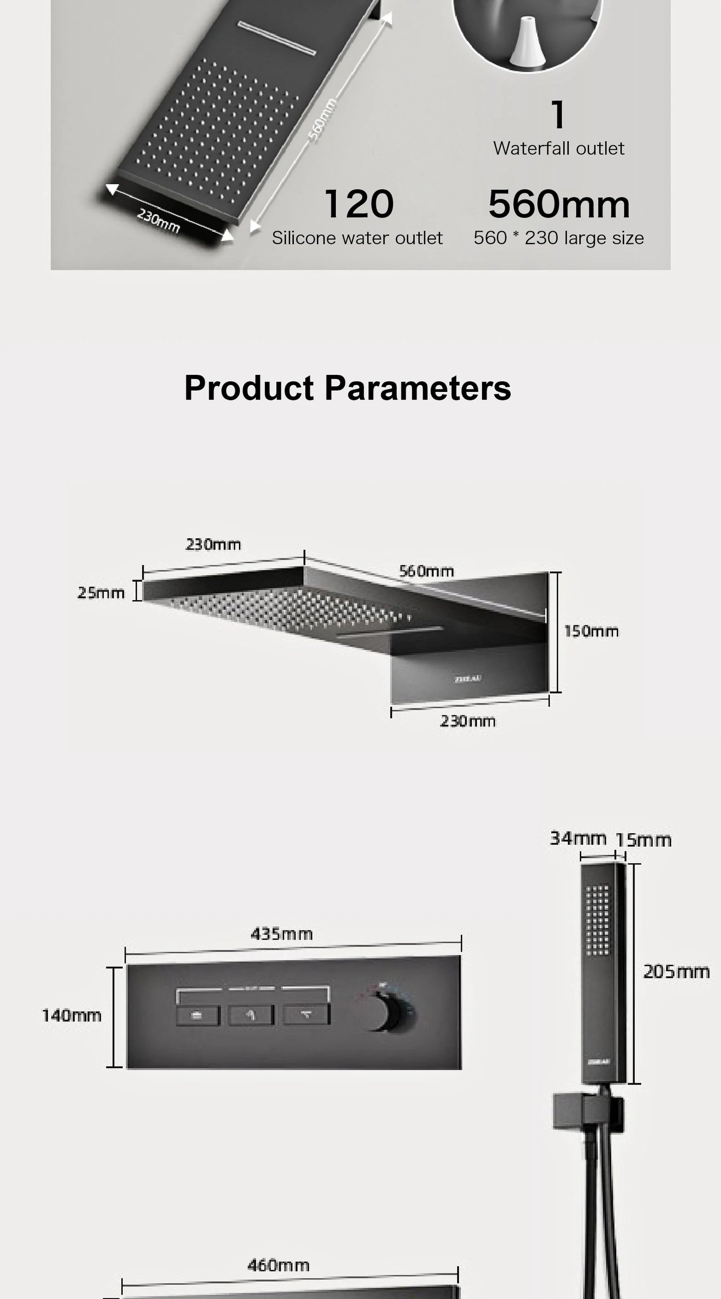 Luxury brass gun gray wall mounted shower system, wall mounted design with constant temperature LED digital display bathroom Tap