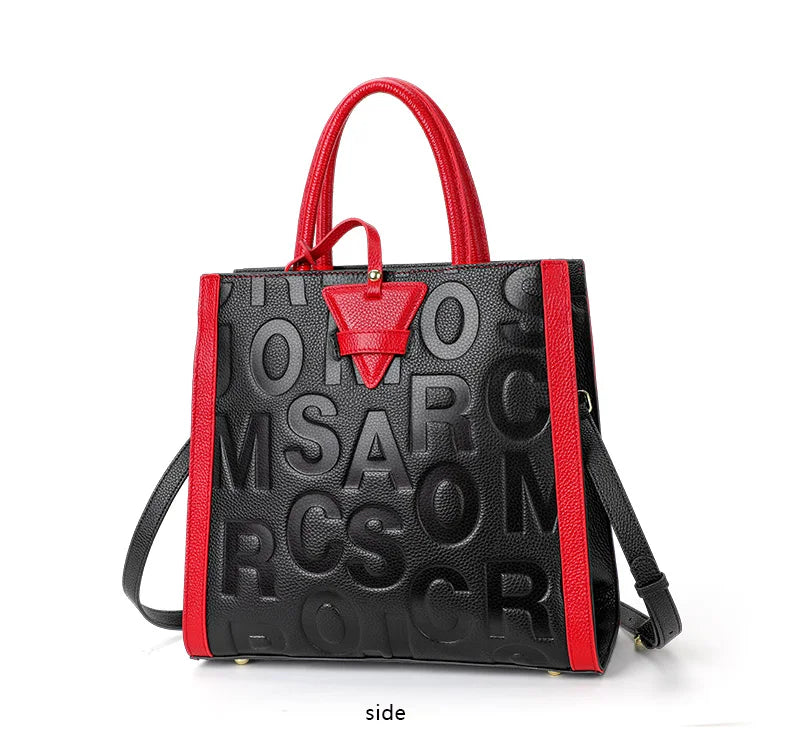 Genuine leather letter printed women's handbag new large capacity contrasting leather crossbody bag
