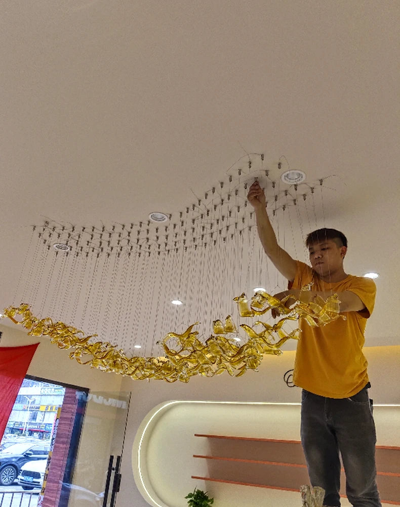 Restaurant Light Decorative Glass Leaf Pendant Chandelier Light Living Room Hotel Pendant Lighting Fixtures For Kitchen Island