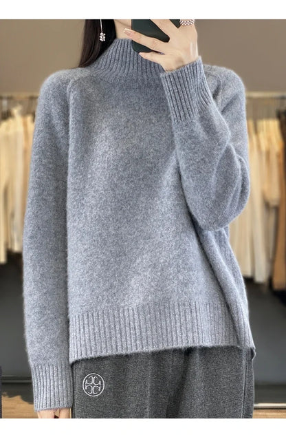 Women's High-Necked Cashmere Sweater 100% Soft Wool Thickened Lazy Raglan Sweater with Slit for Autumn Winter Comfortable Waxy W