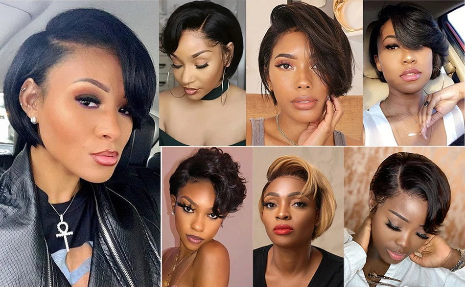 Straight Pixie Cut Wig Transparent Lace Human Hair 13×4 Human Hair Wigs Short Bob Wig For Black Woman hair Natural Color/#4