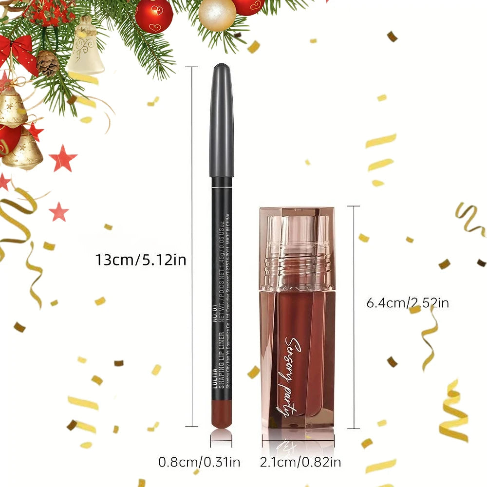 Moisturizing and waterproof lip gloss and lip liner pen set, non-stick and non-stick cup, bright makeup effect, Christmas gift