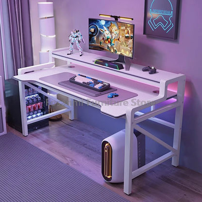 Wide Desktop Office Desk with Storage Shelf Modern Steel Frame Table for Bedroom Study Durable Computer Desks for Gaming Writing