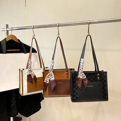 Patchwork Contrast Color Handbag Women's Casual Fashion Tote Bag Large Capacity Single Shoulder Bag Women's Silk Scarf Bag