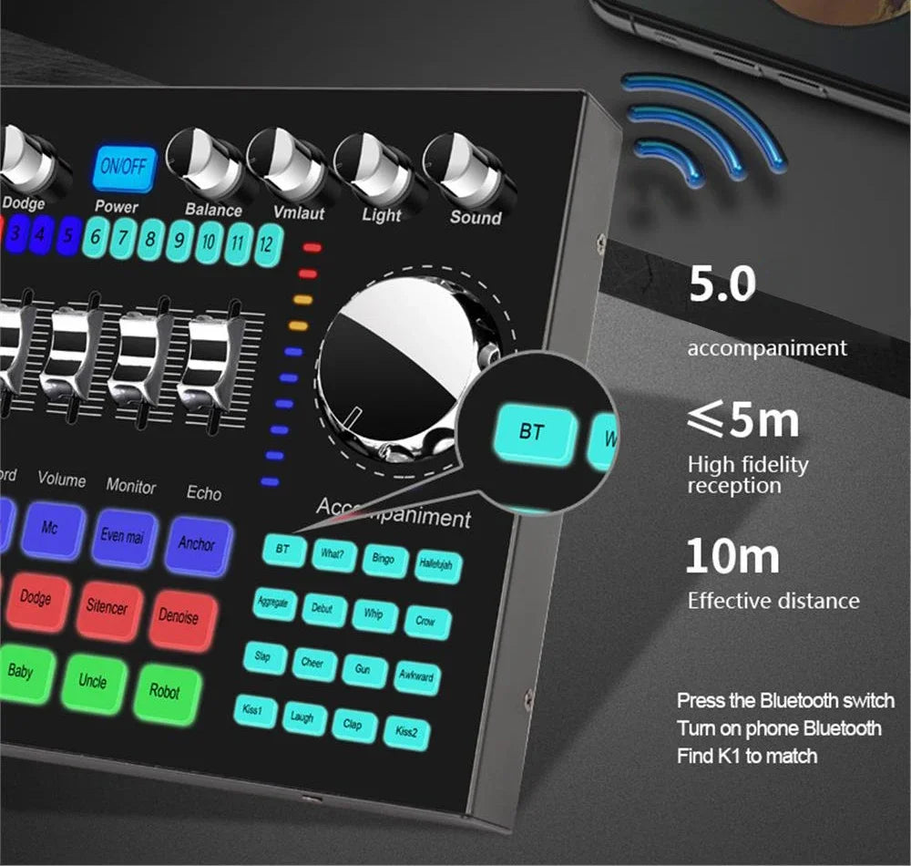 K1 Professional Live Sound Card Audio Mixer DJ Equipment Sound Card Effects Processors for Music Karaoke Recorder Live Broadcast