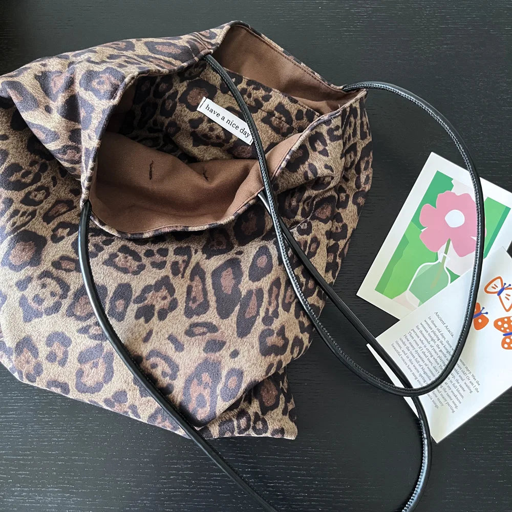 Vintage Faux Suede Women's Leopard Shoulder Bags PU Strap Double Side Female Purse Handbags Fall Winte Canvas Tote Underarm Bag