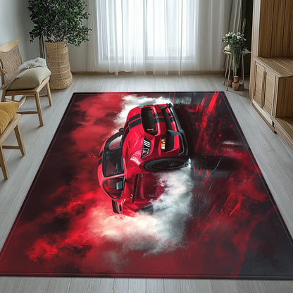Red Sports Car Rug – High-Speed Racing Art Design, Dynamic Floor Mat for Living Room & Man Cave Decor